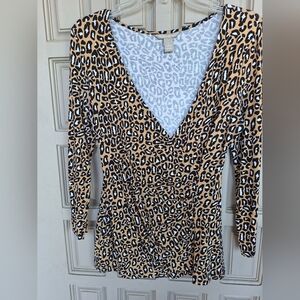 Banana Republic Pullover Blouse SzS Deep V Neck Tan Animal Stretchy Long Sleeves